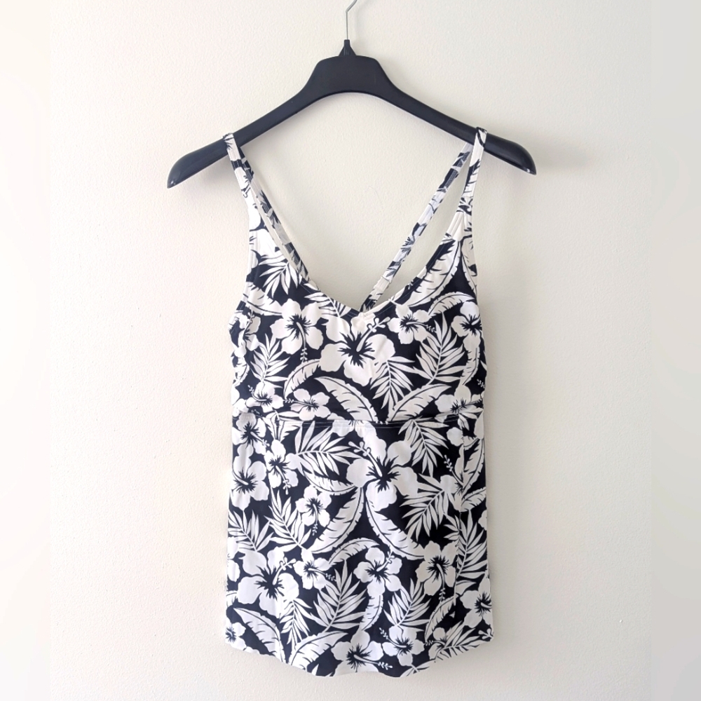 Lands' End Black and White Floral One-Piece Swim Top